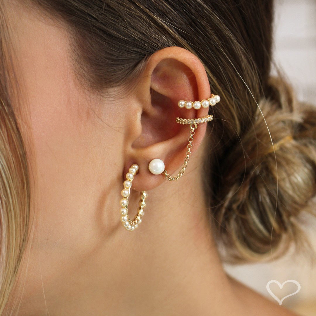 Brinco Ear Line Aline Pérola e Zircônia Cristal Folheado a Ouro 18k