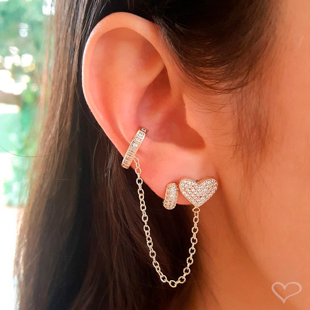 Brinco Unitário Ear Line Tathy Coração Piercing Zircônias Folheado a Ouro 18k