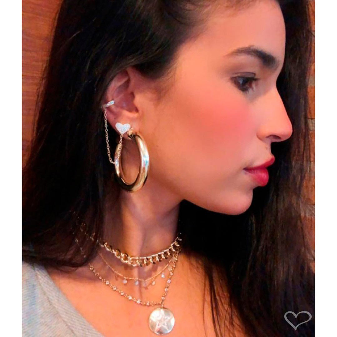 Brinco Unitário Ear Line Tathy Coração Piercing Zircônias Folheado a Ouro 18k
