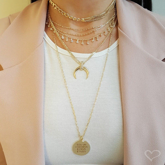 Colar Longo Medalha Sou um com Deus Elos Folheado a Ouro 18k