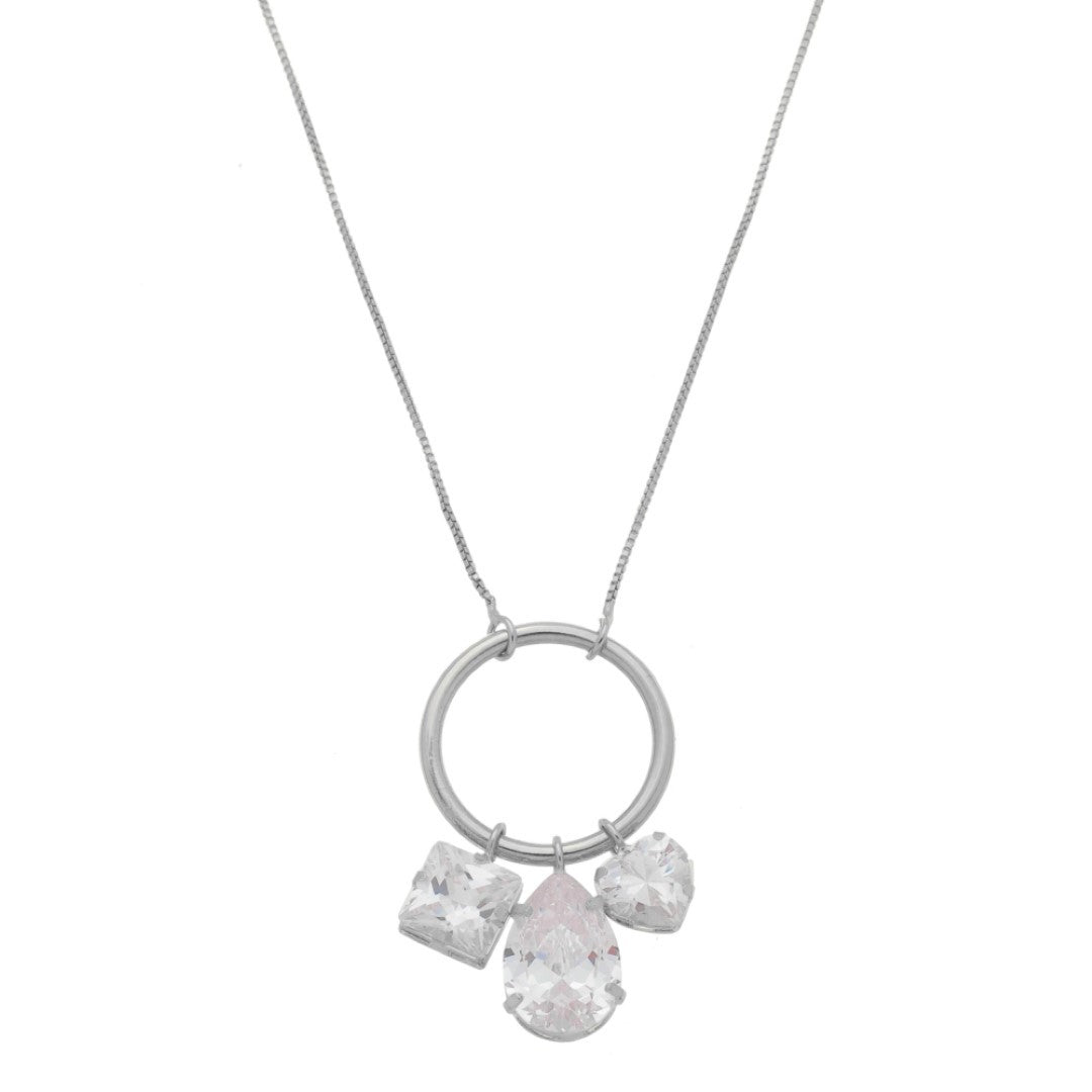 Colar Longo Piuka Diara Círculo Gota Coração Zircônias Folheado em Ródio Branco