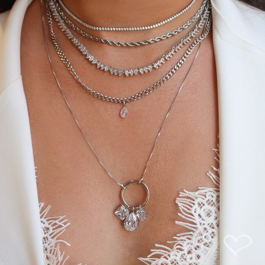 Colar Longo Piuka Diara Círculo Gota Coração Zircônias Folheado em Ródio Branco