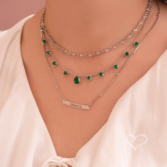 Choker Piuka Muriel Zircônias Esmeralda Folheada em Ródio Branco