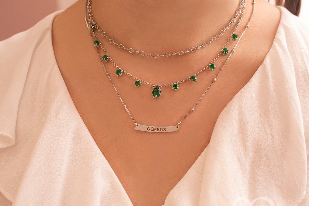 Choker Piuka Muriel Zircônias Esmeralda Folheada em Ródio Branco