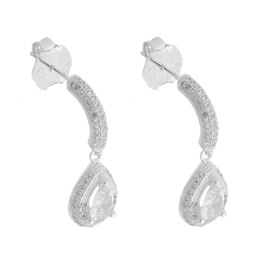 Brinco Piuka Meia Argola Pilar Gota Zircônia Folheado em Ródio Branco