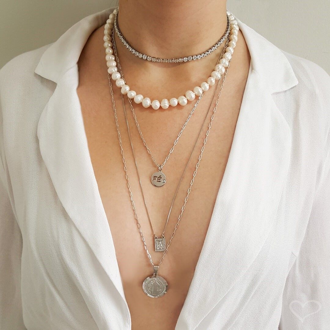 Colar Longo Elos Medalha São Bento Folheado em Ródio Branco