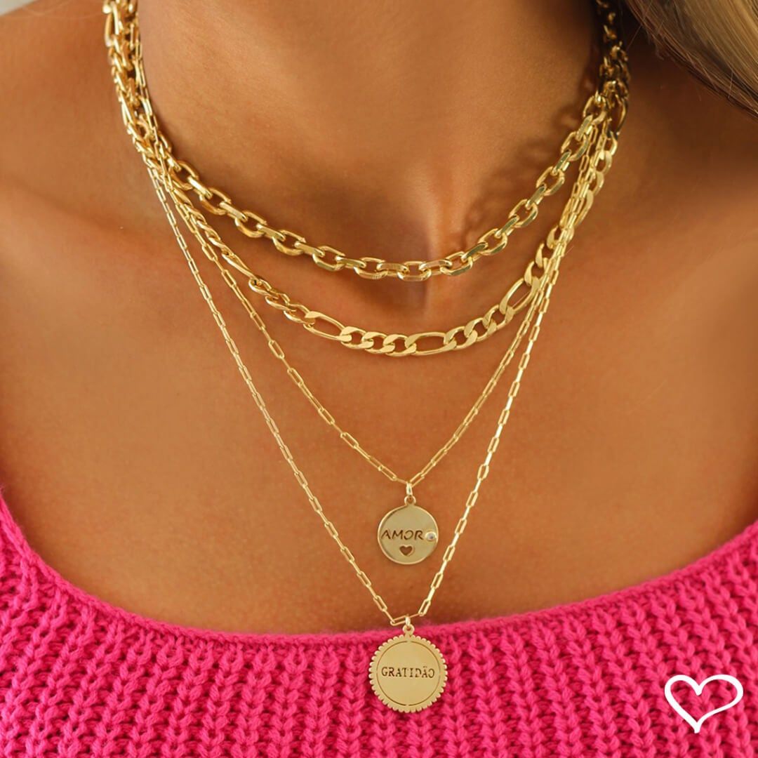 Colar Feminino Medalha Gratidão Folheado a Ouro 18k
