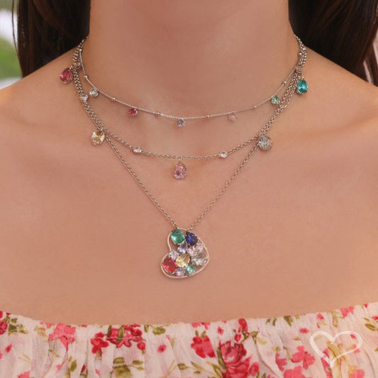 Colar de Coração Huly Zircônias Coloridas Folheado em Ródio Branco