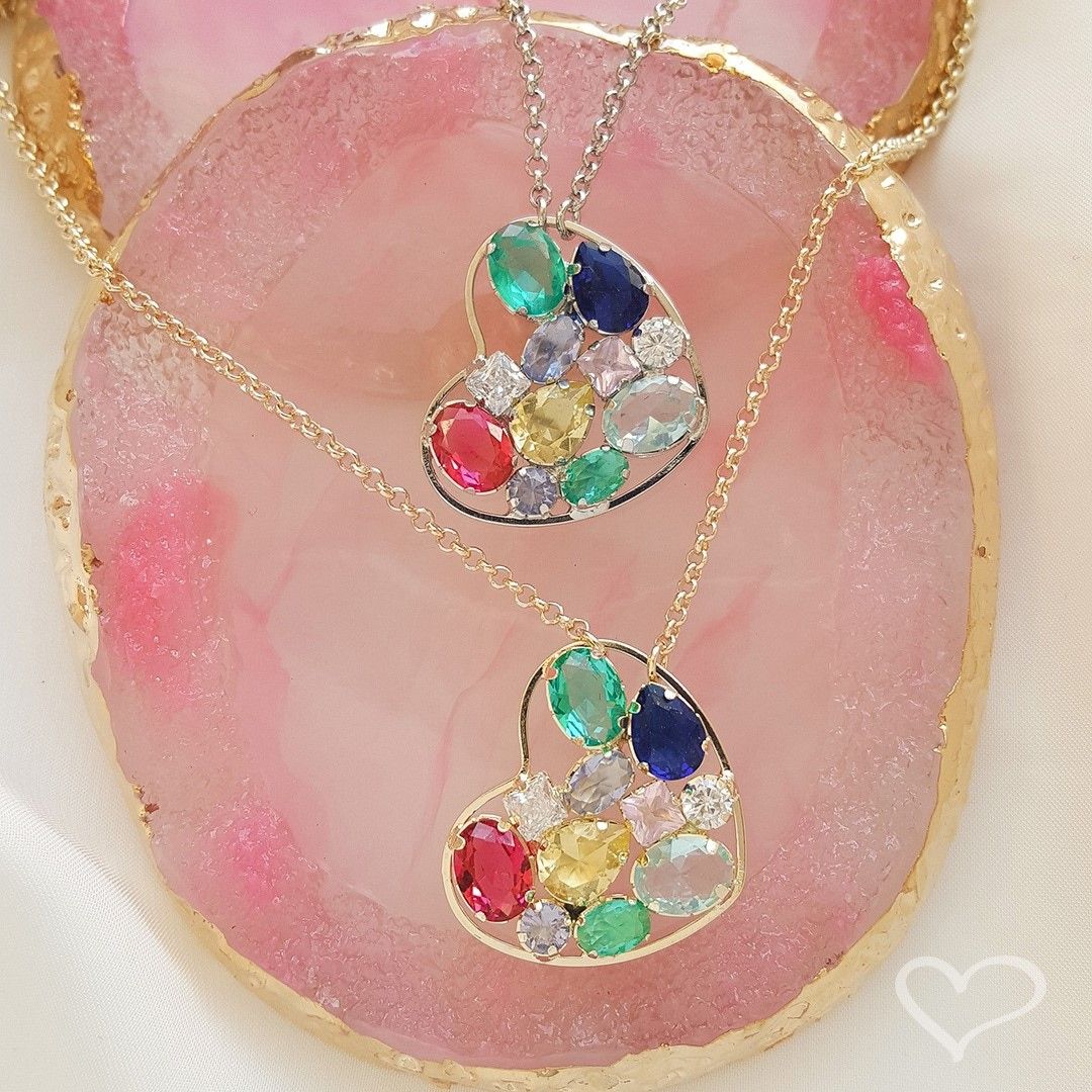 Colar de Coração Huly Zircônias Coloridas Folheado em Ródio Branco