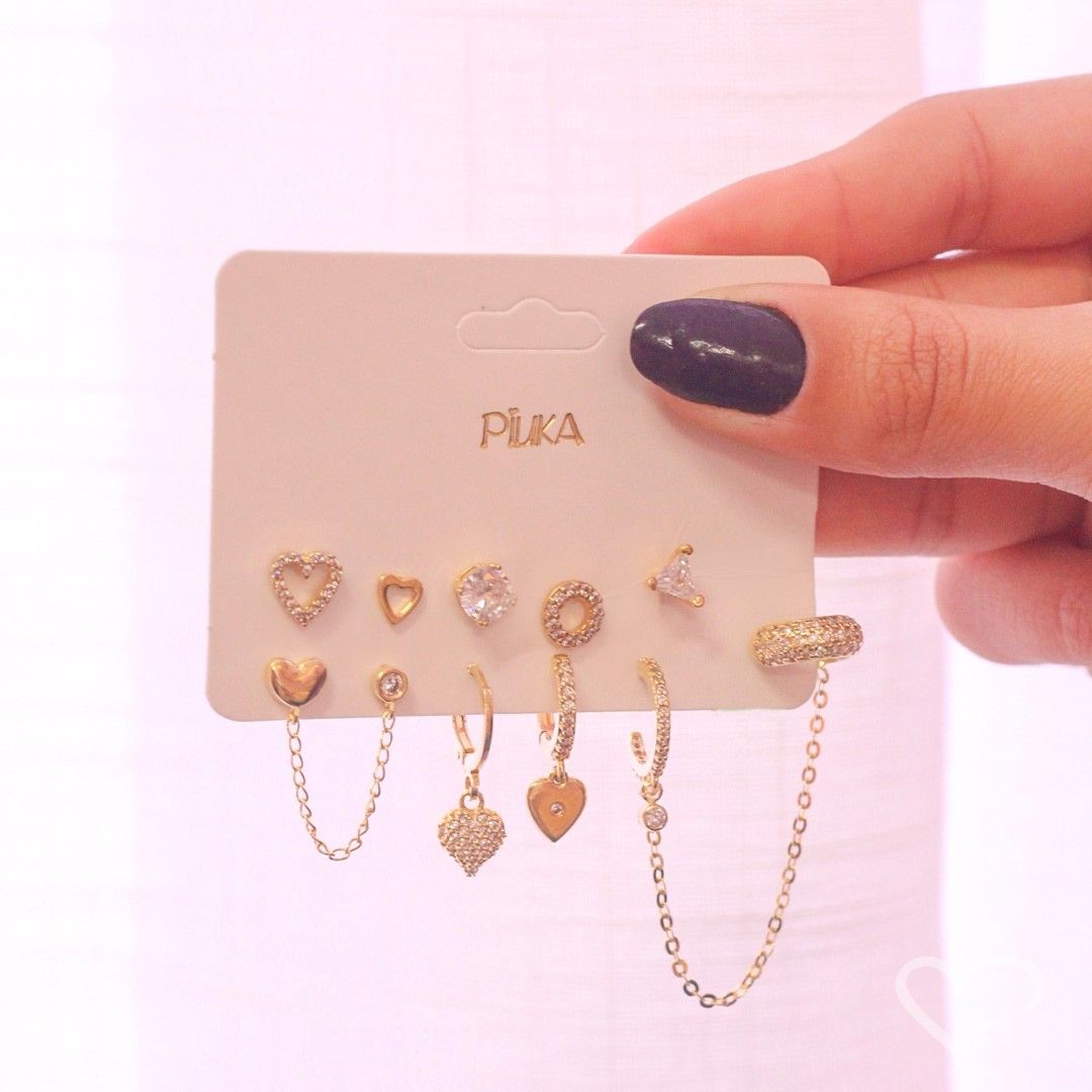 Trio de Brincos de Coração Tati Folheado a Ouro 18k