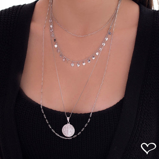 Mix de Colares Barbara Medalha São Bento Folheado em Ródio Branco