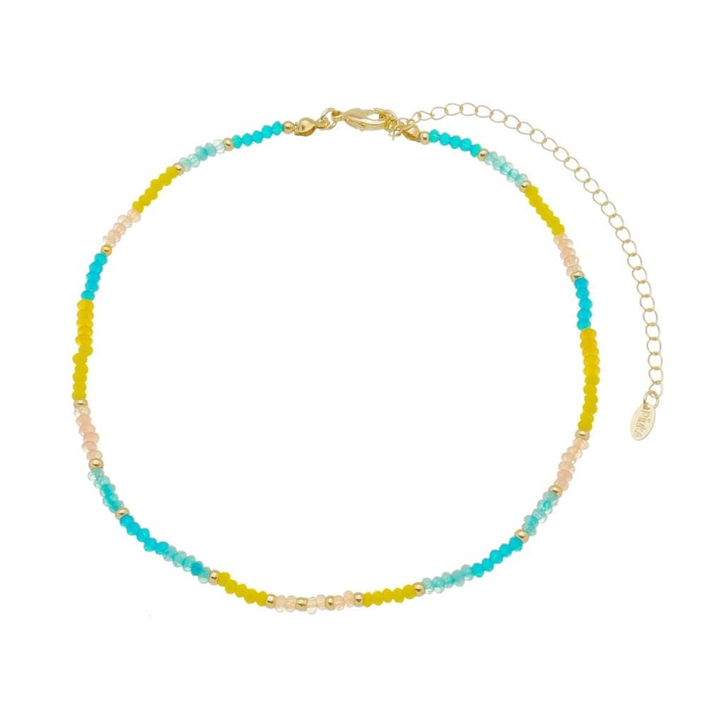 Choker Piuka Linda Pedras Naturais Jade e Cristais Azul, Rosa e Amarelo
