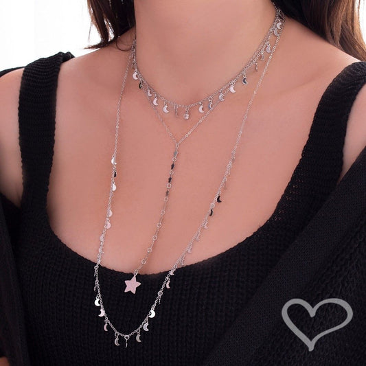 Mix 3 Colares Eclipse Lua e Estrelas Folheado em Ródio Branco