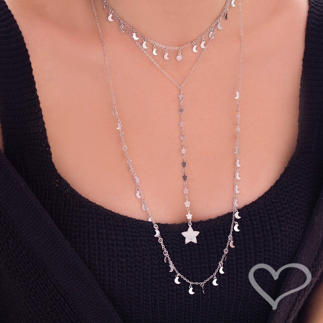 Mix 3 Colares Eclipse Lua e Estrelas Folheado em Ródio Branco
