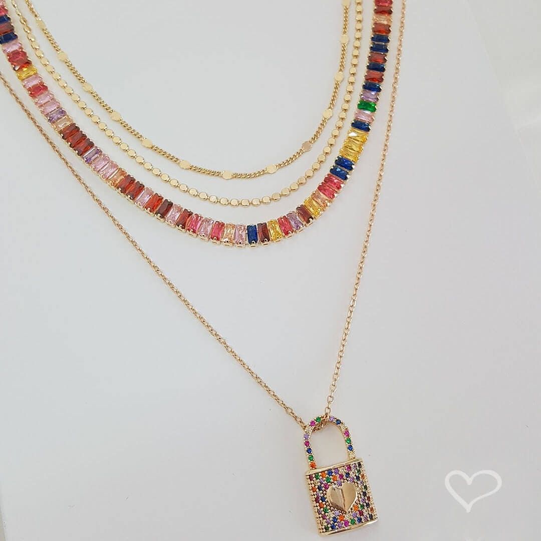 Colar de Cadeado Coração Zircônias Coloridas Thassia Folheado a Ouro 18k