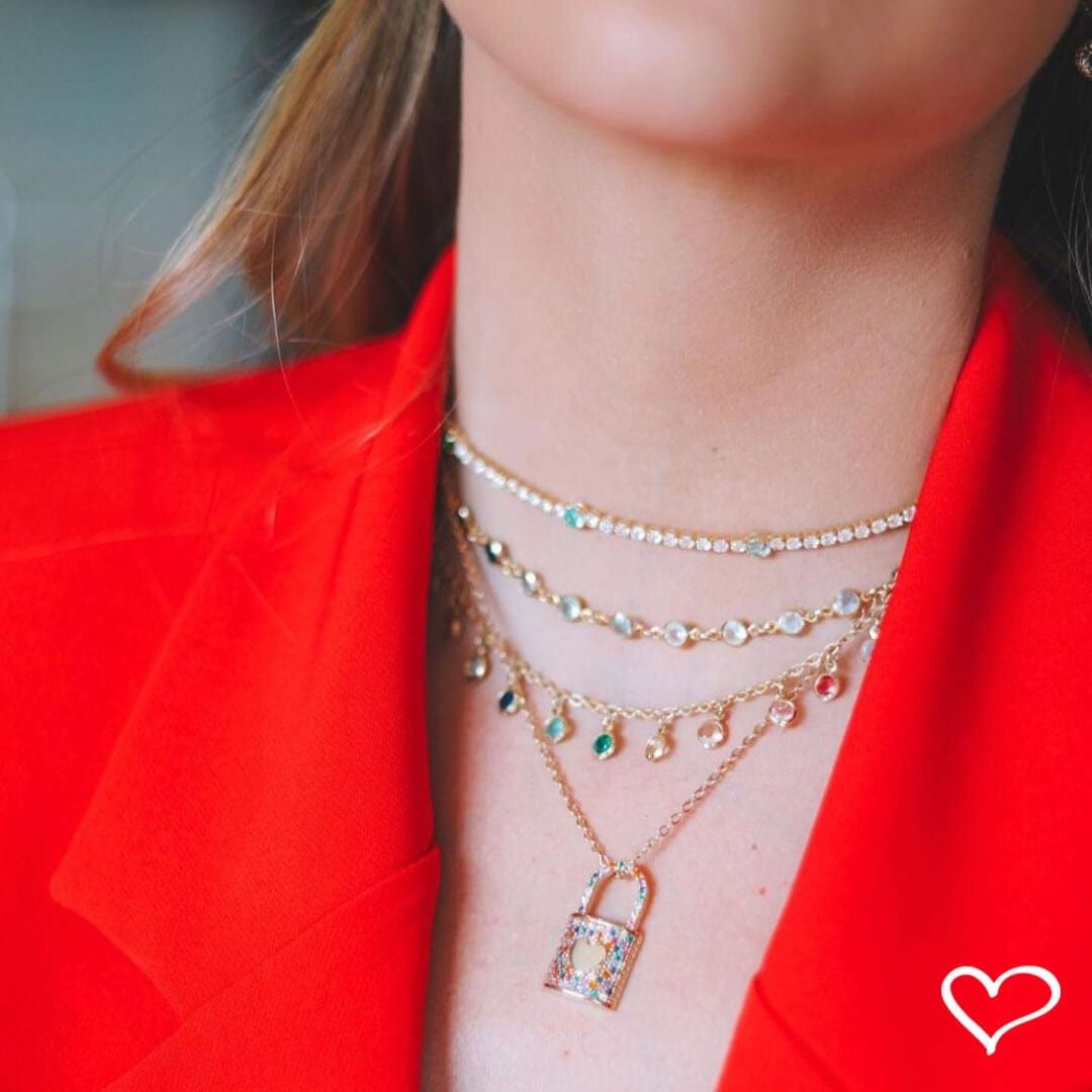 Colar de Cadeado Coração Zircônias Coloridas Thassia Folheado a Ouro 18k