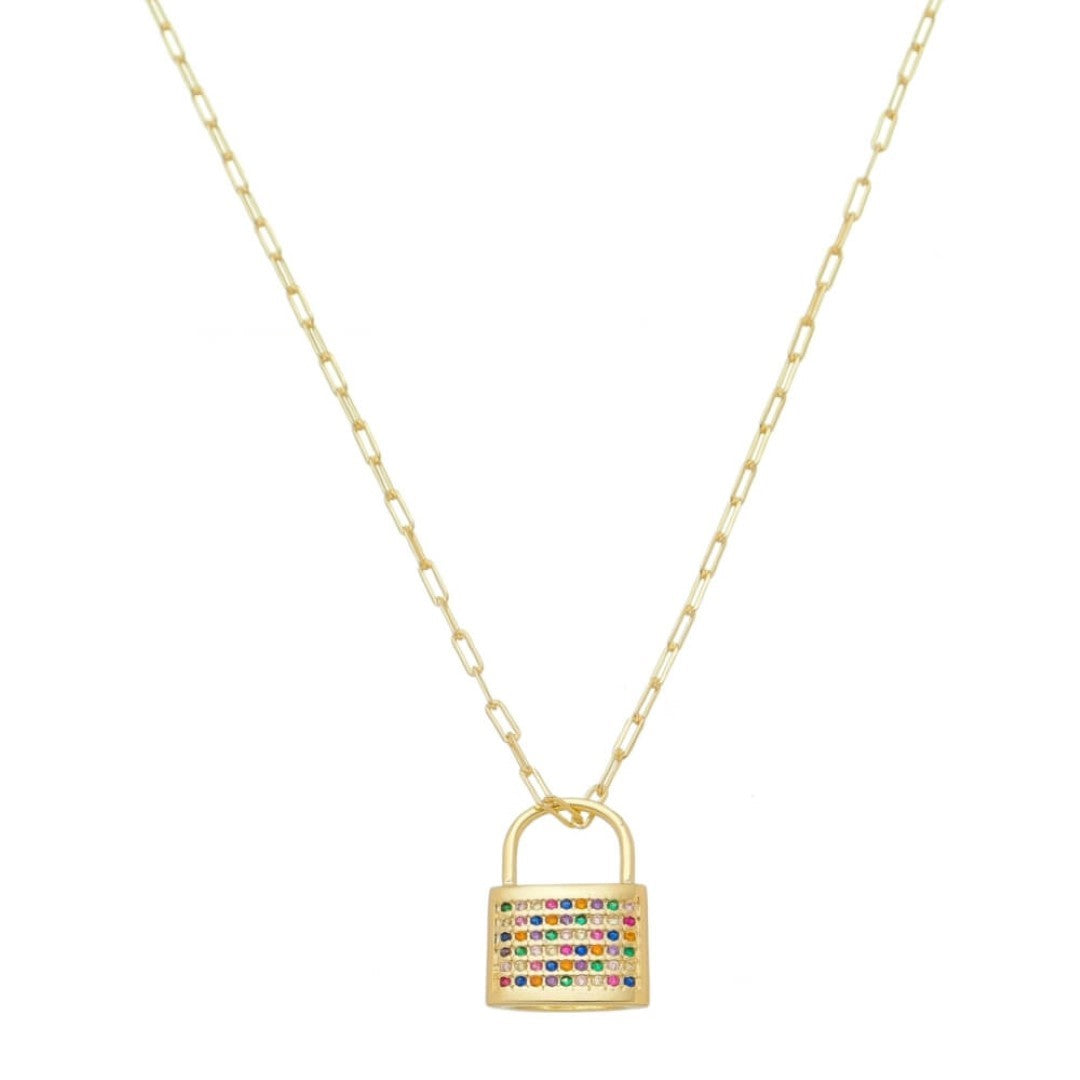 Colar Feminino Layla Cadeado Zircônias Coloridas Folheado a Ouro 18k