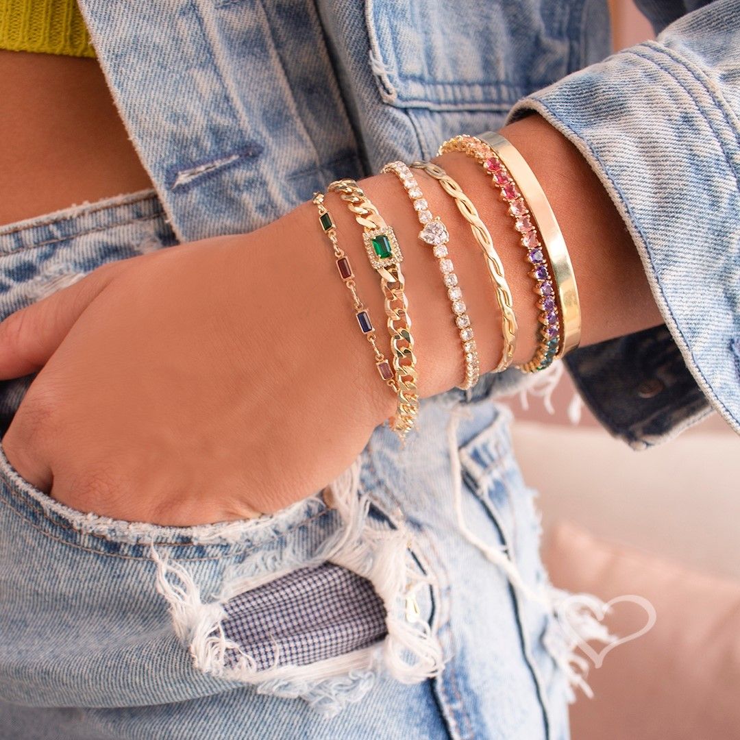 Pulseira Folheada a Ouro 18k Elos Groumet Zircônias Cristais e Esmeralda Letizia