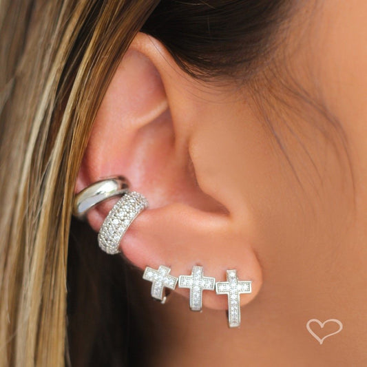 Trio de Brincos Argolinhas Laurie Cruz Zircônias Folheado em Ródio Branco
