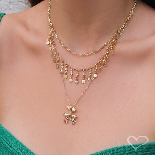 Colar Menino e Menina Coração Zircônias Pink e Safira Folheado a Ouro 18k