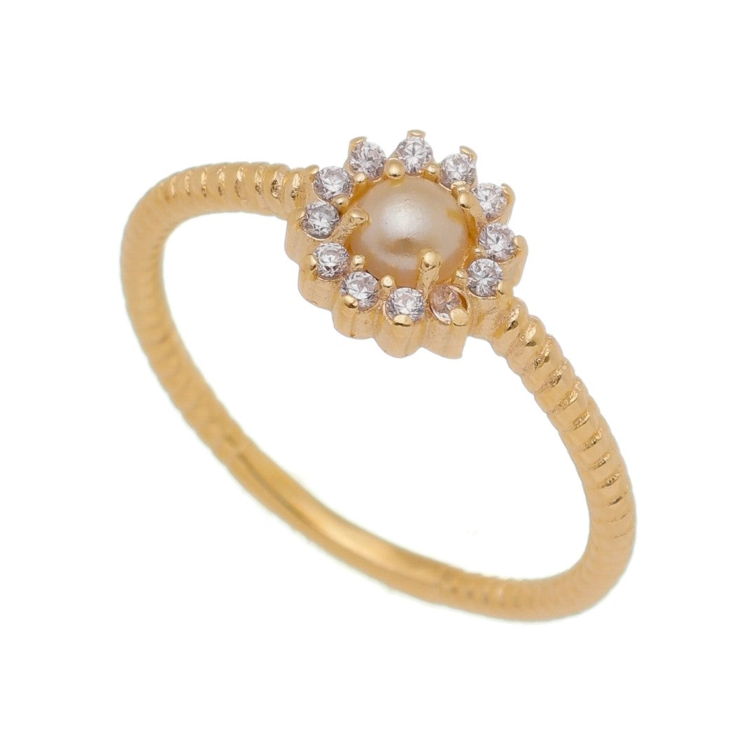 Anel Folheado a Ouro 18k Círculo Pérola Zircônias Glória