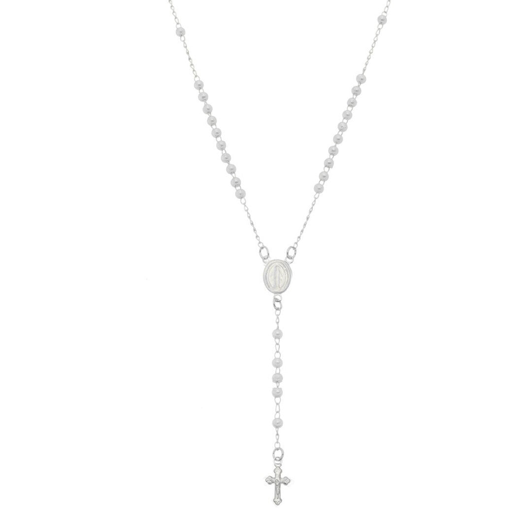 Colar Terço Maria Mini Perólas Folheado em Ródio Branco