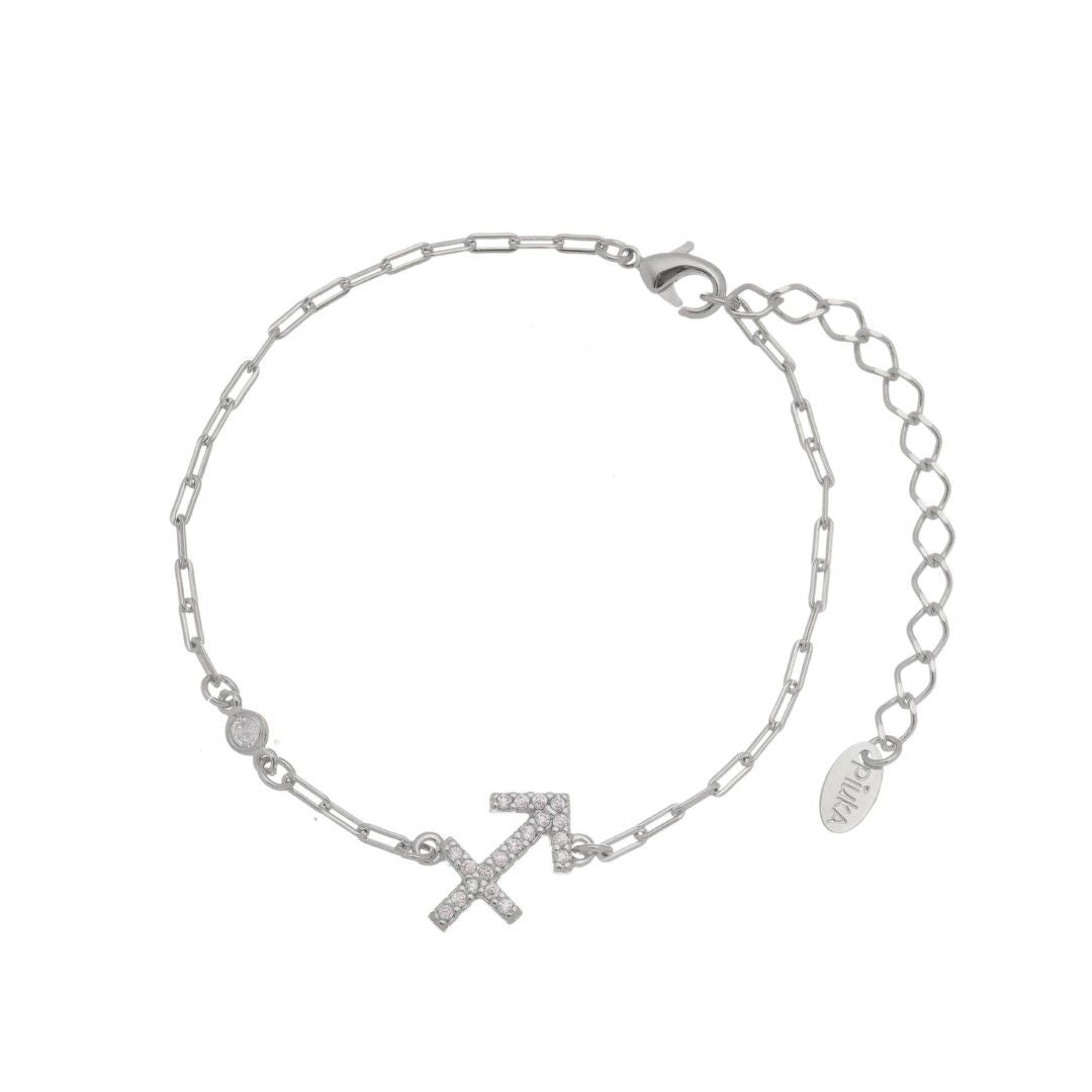 Pulseira Símbolo Signo Zircônias Folheada em Ródio Branco