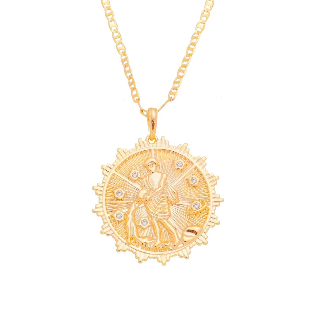 Colar de Signos Medalha Vintage Zircônias Folheado a Ouro 18k
