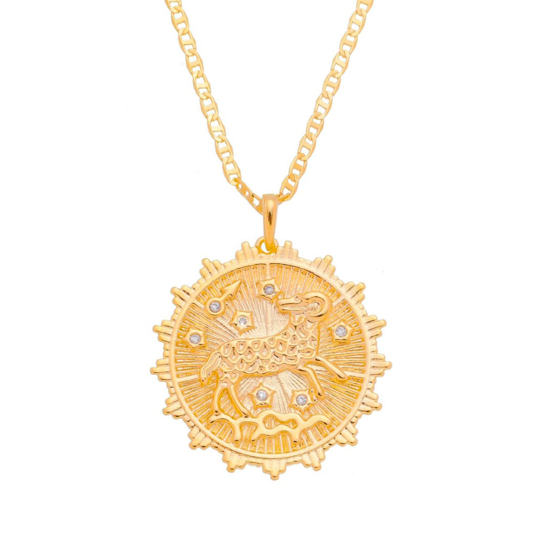 Colar de Signos Medalha Vintage Zircônias Folheado a Ouro 18k