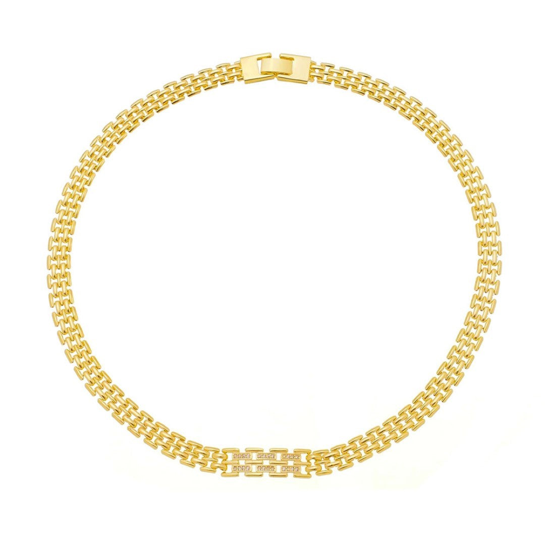 Choker Corrente Placa Zircônias Folheado a Ouro 18k Isadora