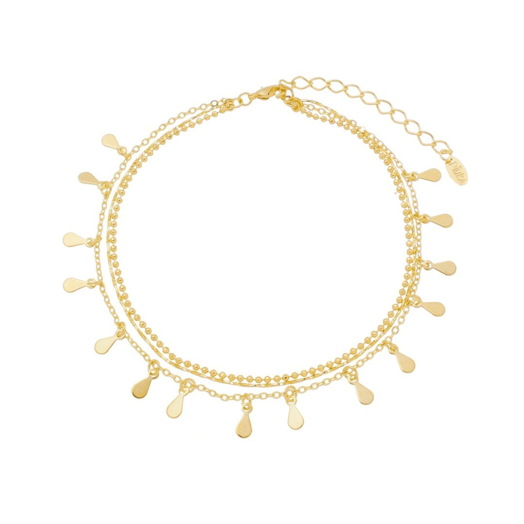 Tornozeleira Piuka 3 Correntes Antonella Mini Gotas Folheada a Ouro 18k