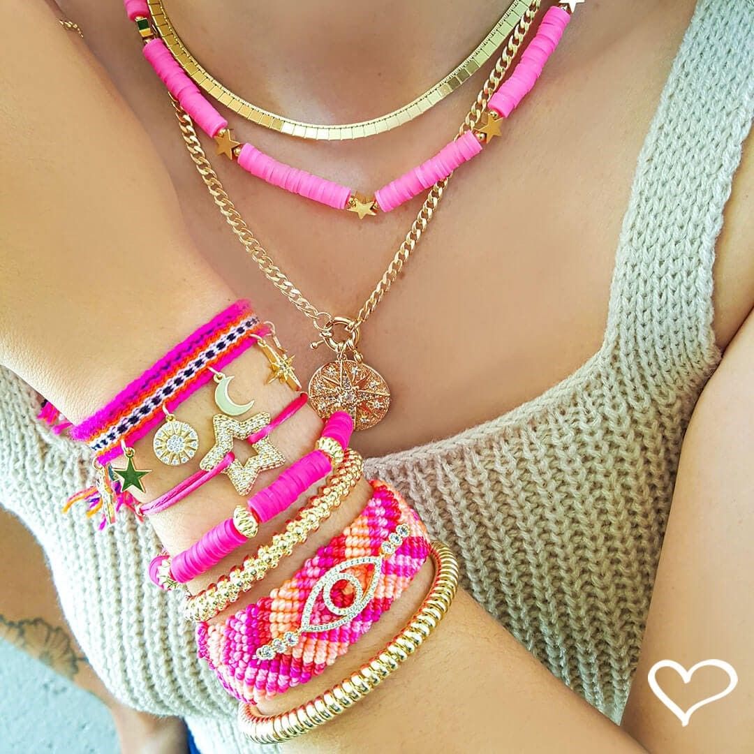 Pulseira Ajustável Olho Grego Macramê Tons de Rosa Zircônias Danna