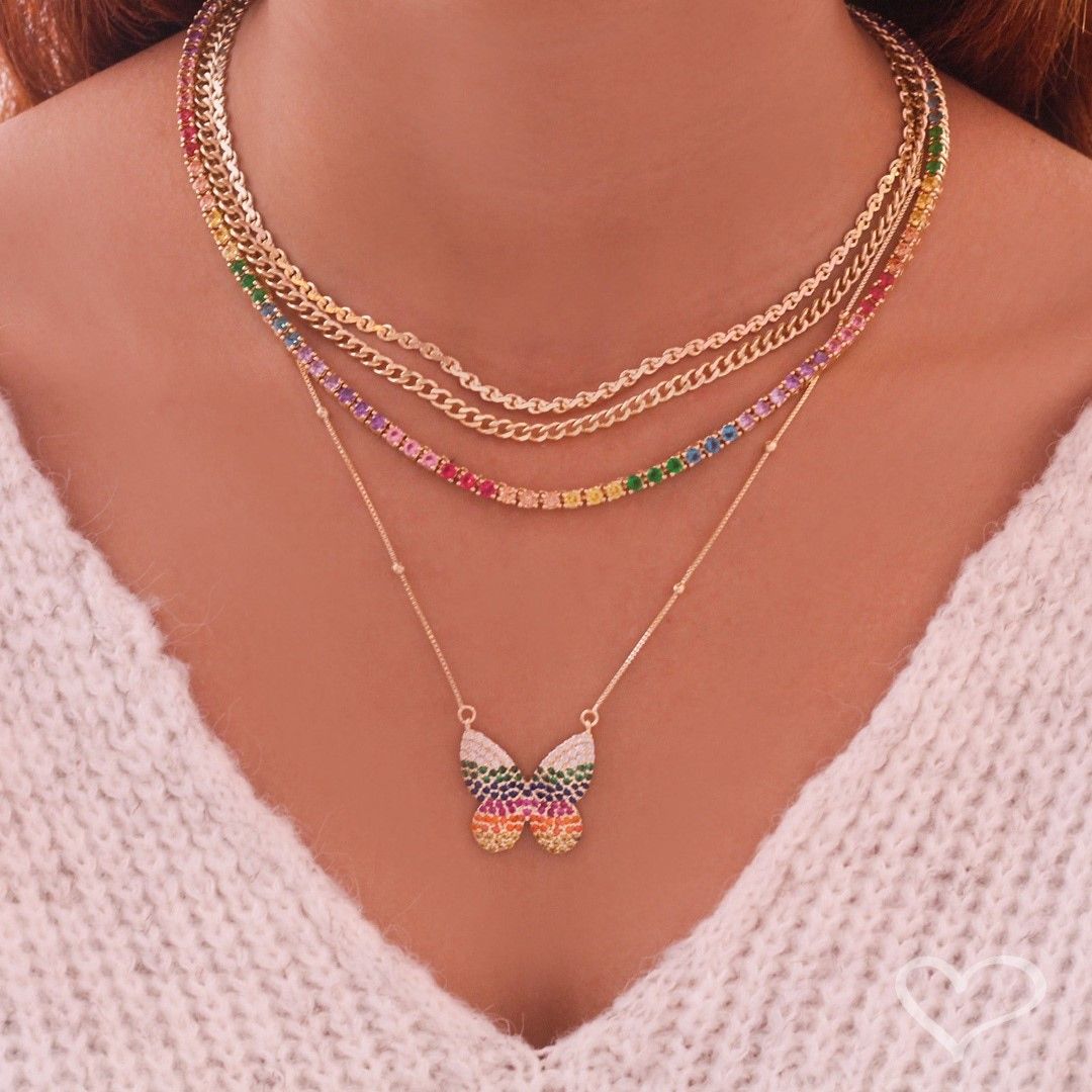 Colar Feminino Riviera Megan Zircônias Coloridas Folheada a Ouro 18k