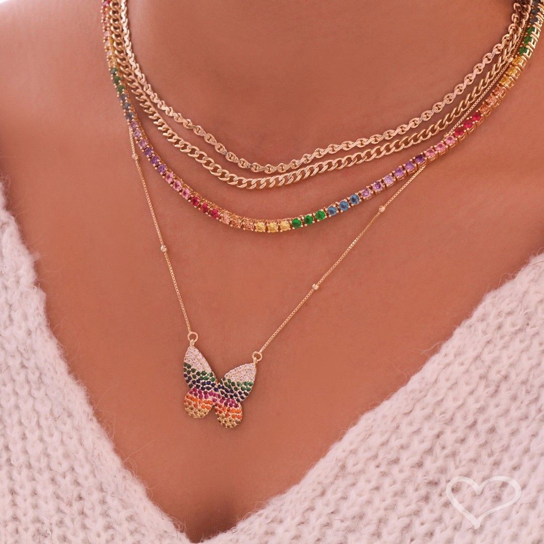 Colar Feminino Riviera Megan Zircônias Coloridas Folheada a Ouro 18k