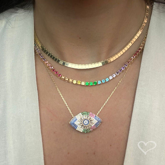 Colar Feminino Riviera Megan Zircônias Coloridas Folheada a Ouro 18k