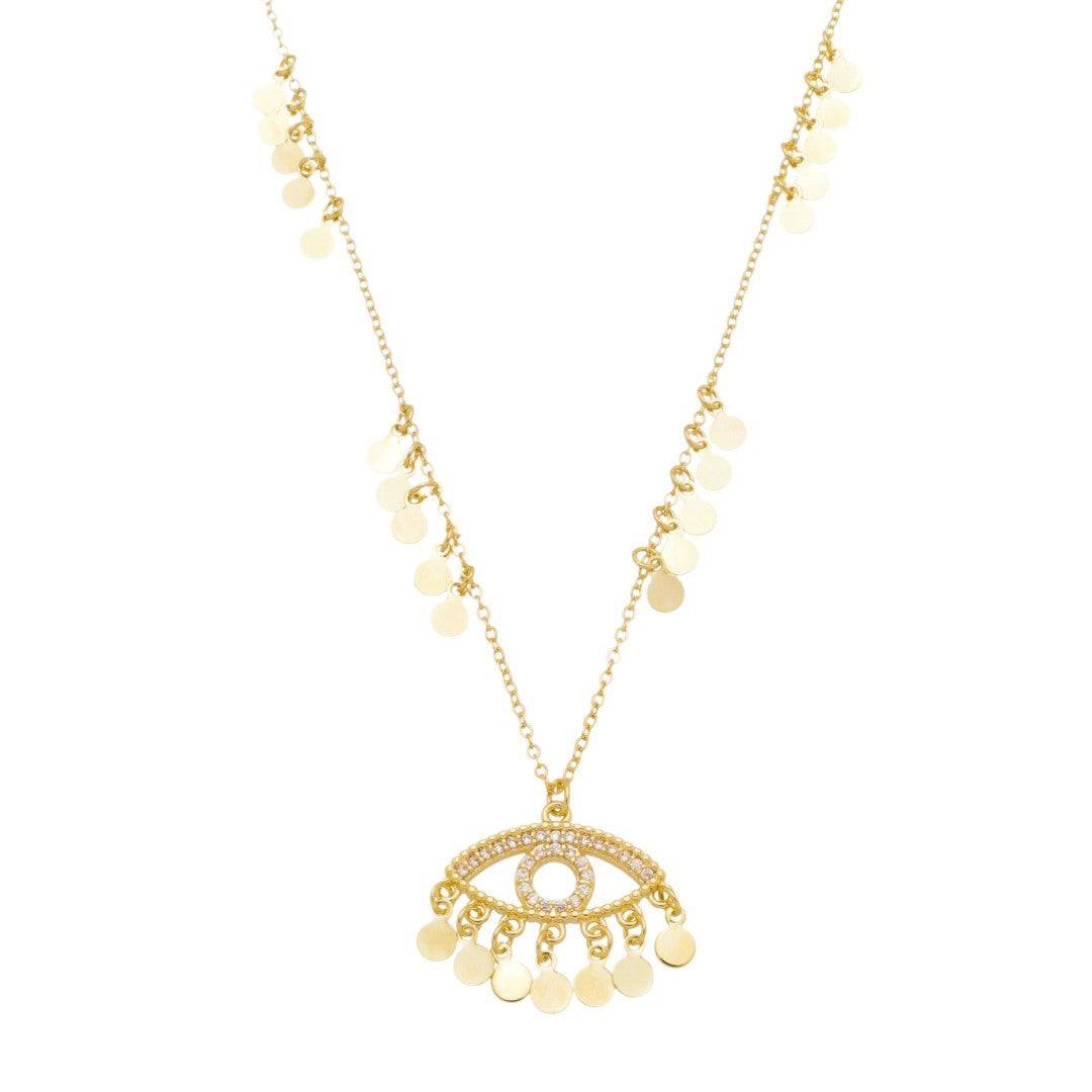 Colar Olho Grego Mini Medalhas Cleo Zircônias Folheado a Ouro 18k