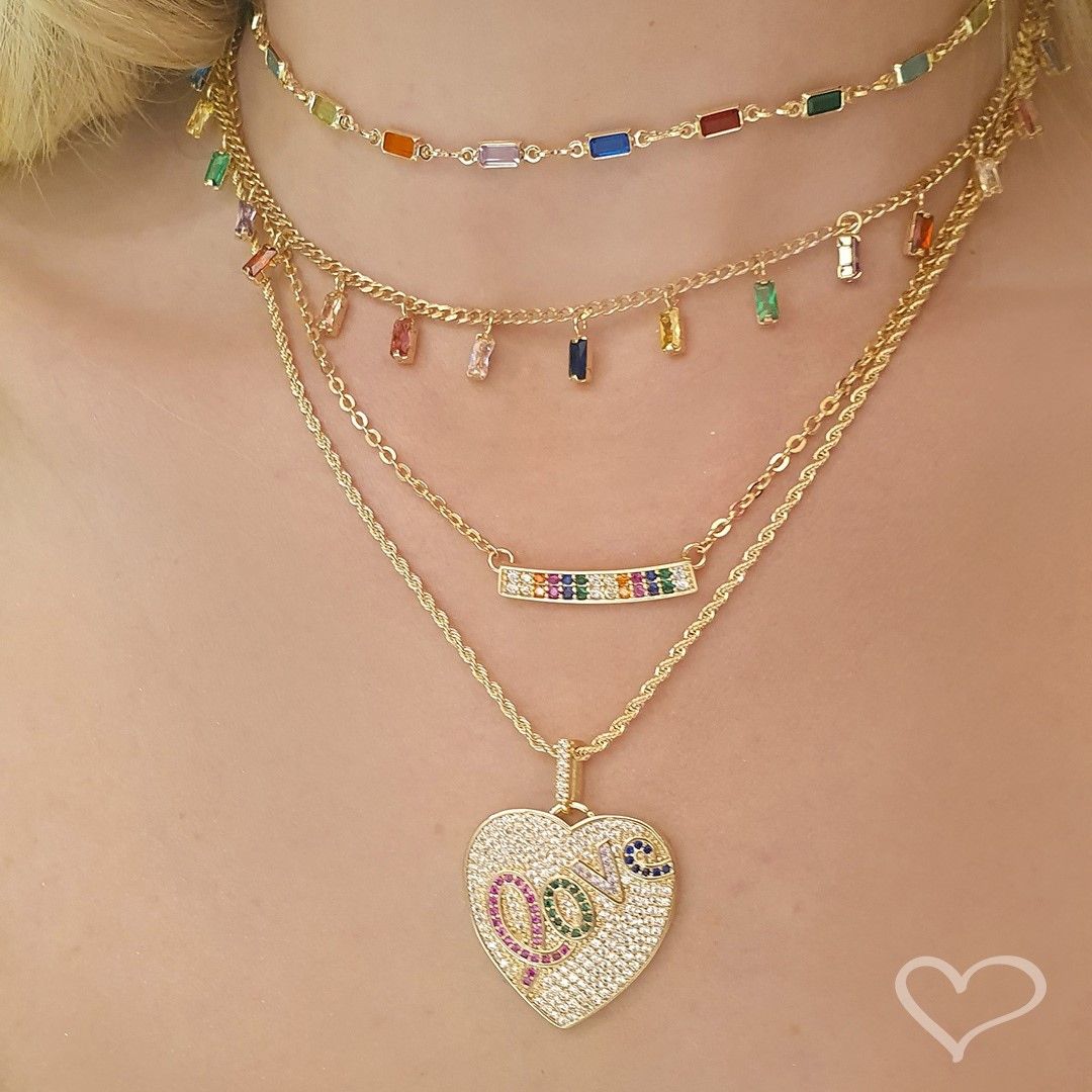 Colar Feminino Samara Canoa Zircônias Coloridas Folheado a Ouro 18k