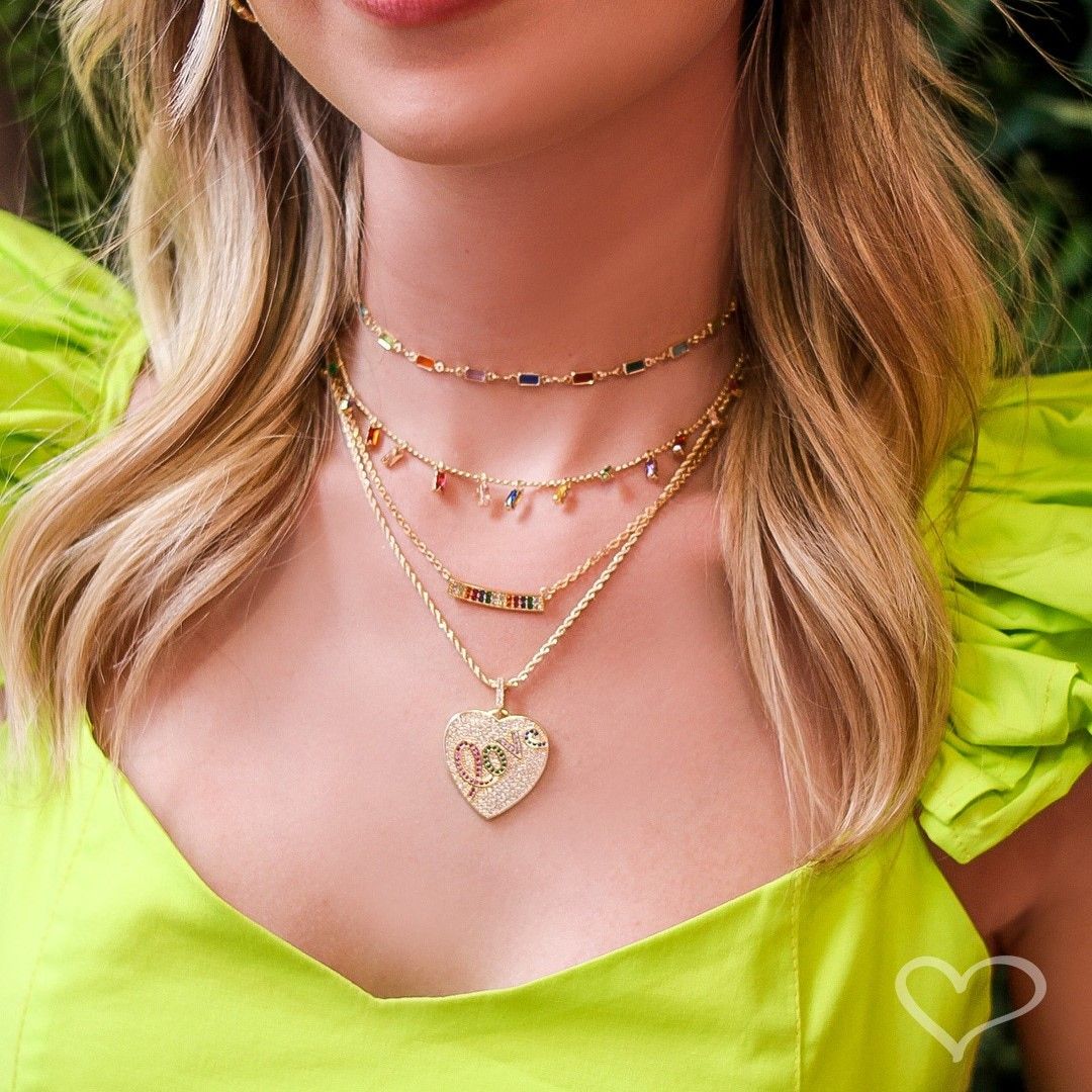 Colar Feminino Samara Canoa Zircônias Coloridas Folheado a Ouro 18k