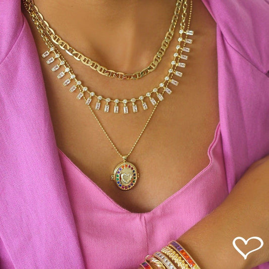 Colar Relicário de Coração Life Zircônias Coloridas Folheado a Ouro 18k