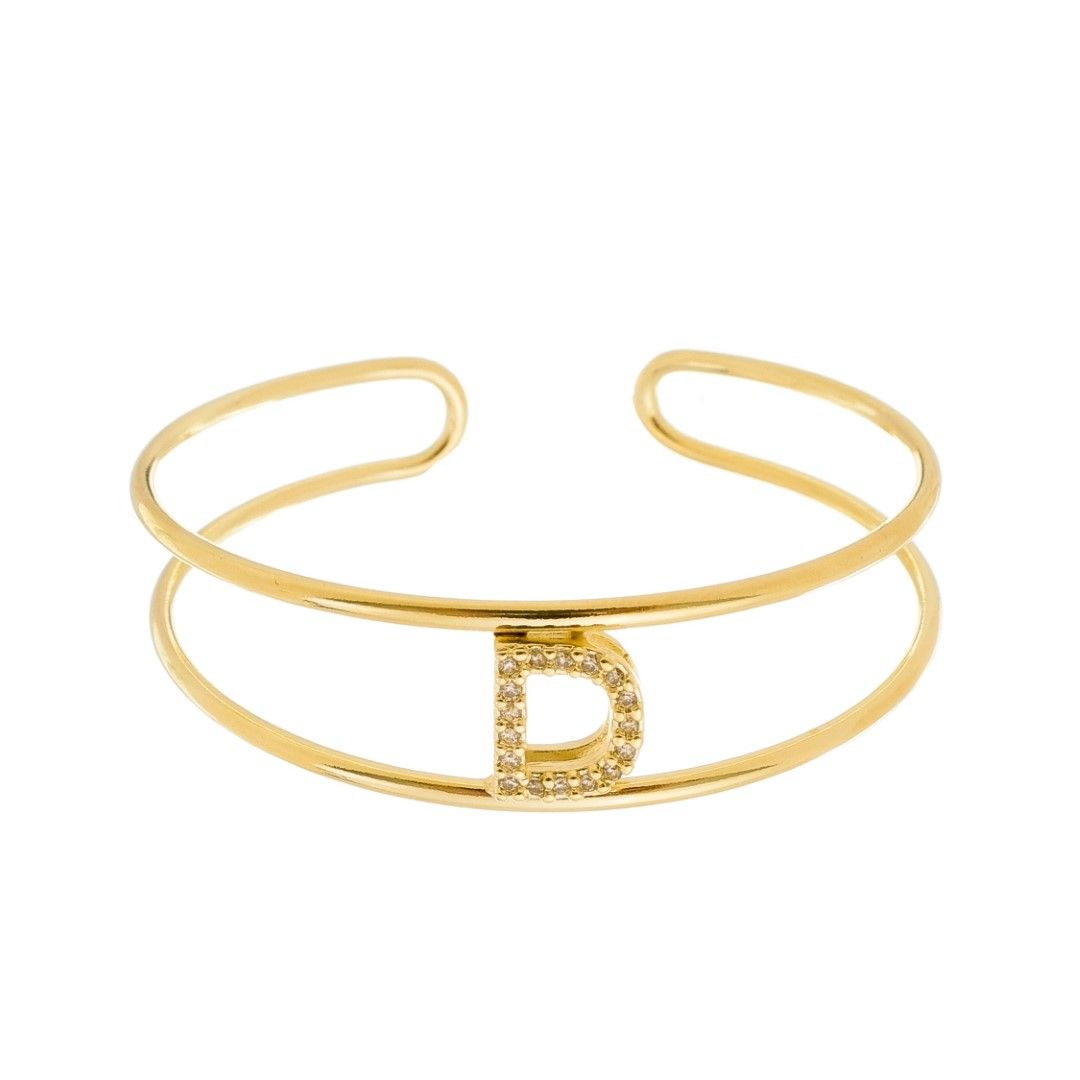 Bracelete Piuka Lina Letra Inicial Aro Duplo Zircônias Folheado a Ouro 18k