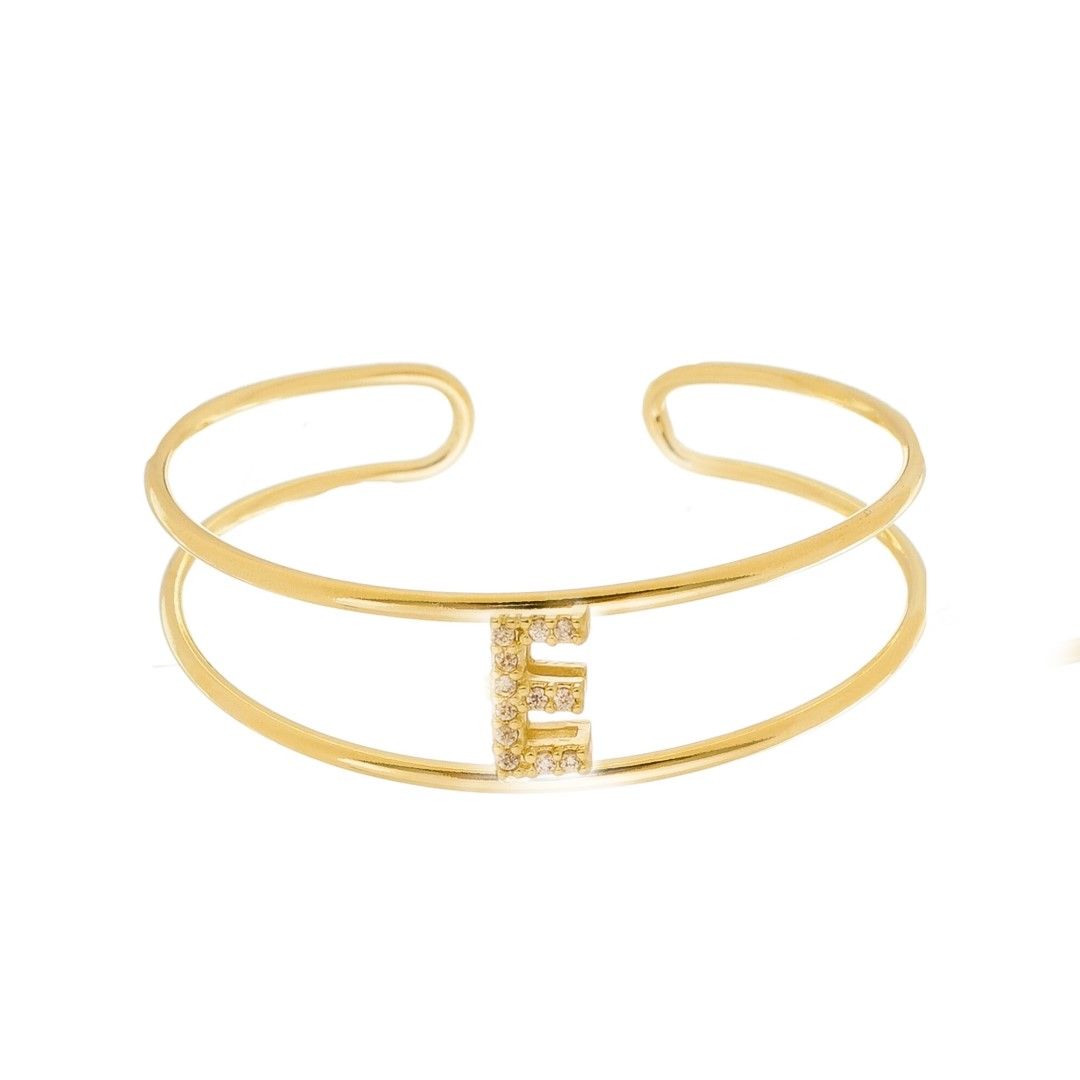 Bracelete Piuka Lina Letra Inicial Aro Duplo Zircônias Folheado a Ouro 18k