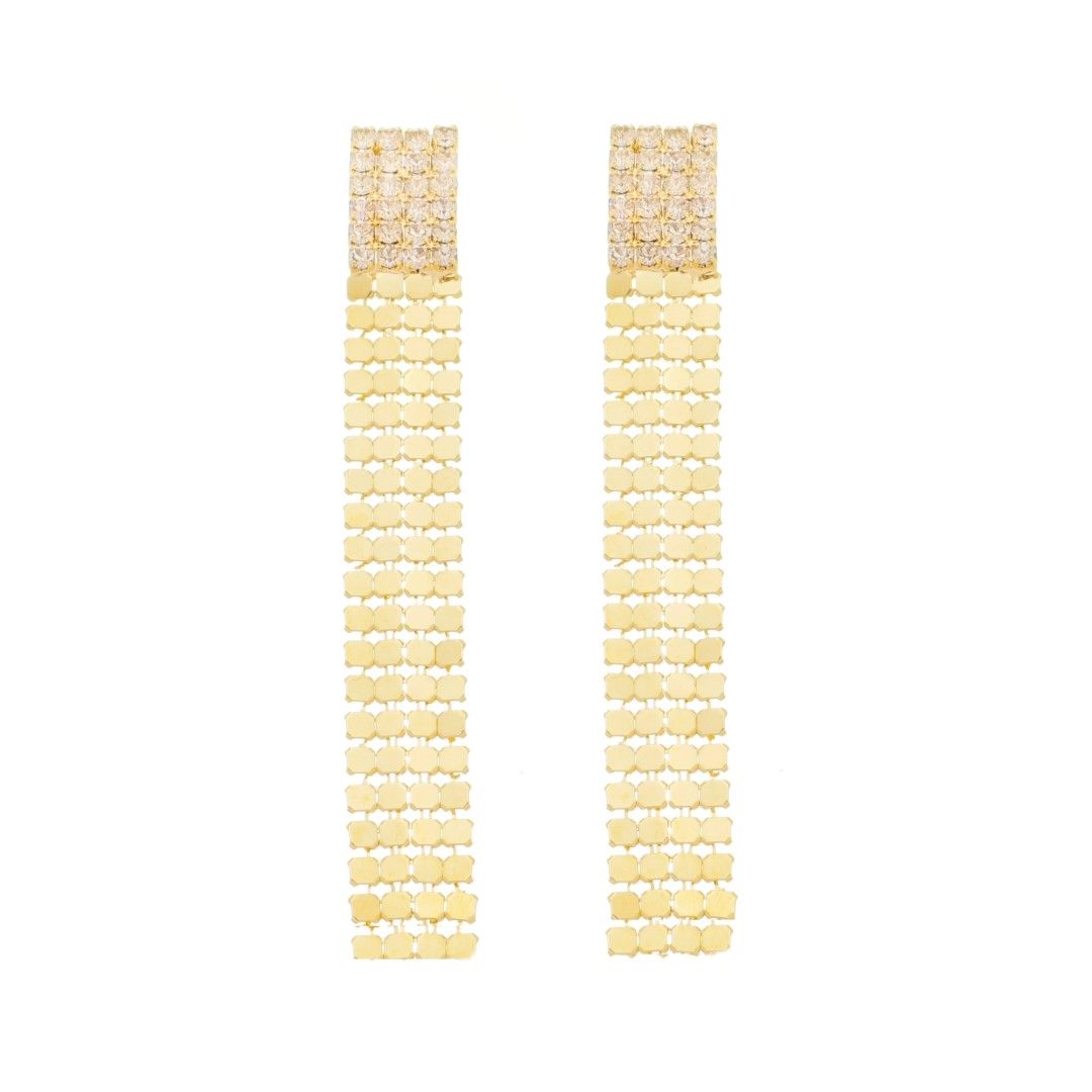 Brinco Bella Malha Metal Strass Folheado a Ouro 18k