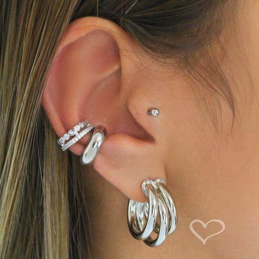 Brinco de Argola Tripla Tubo Liso Enola P Folheado em Ródio Branco