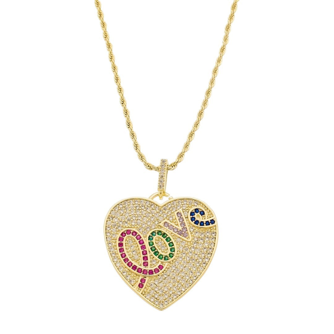 Colar de Coração Medalha Love Zircônias Coloridas Amara Folheado a Ouro 18k