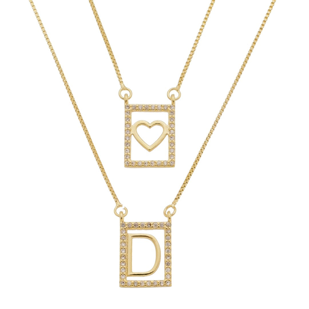 Escapulário Letra Inicial Coração Zircônias Folheado a Ouro 18k