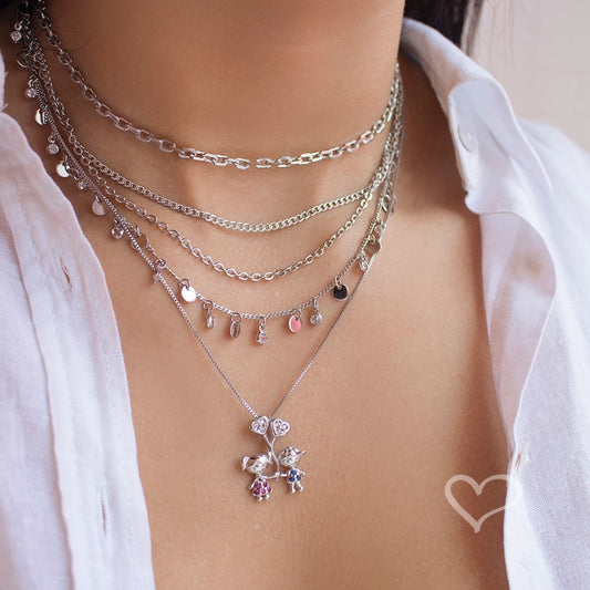 Colar Menino e Menina Zircônias Pink e Safira Folheado em Ródio Branco