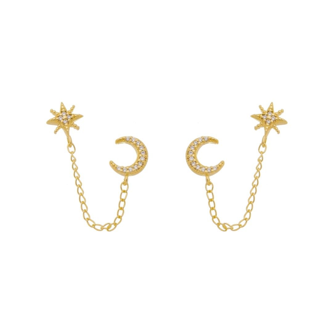 Brinco Piuka Nina Lua Estrela Guia Zircônias Folheado a Ouro 18k