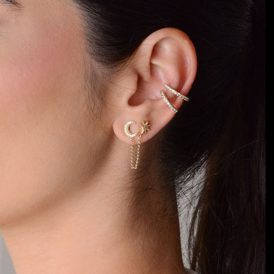 Brinco Piuka Nina Lua Estrela Guia Zircônias Folheado a Ouro 18k