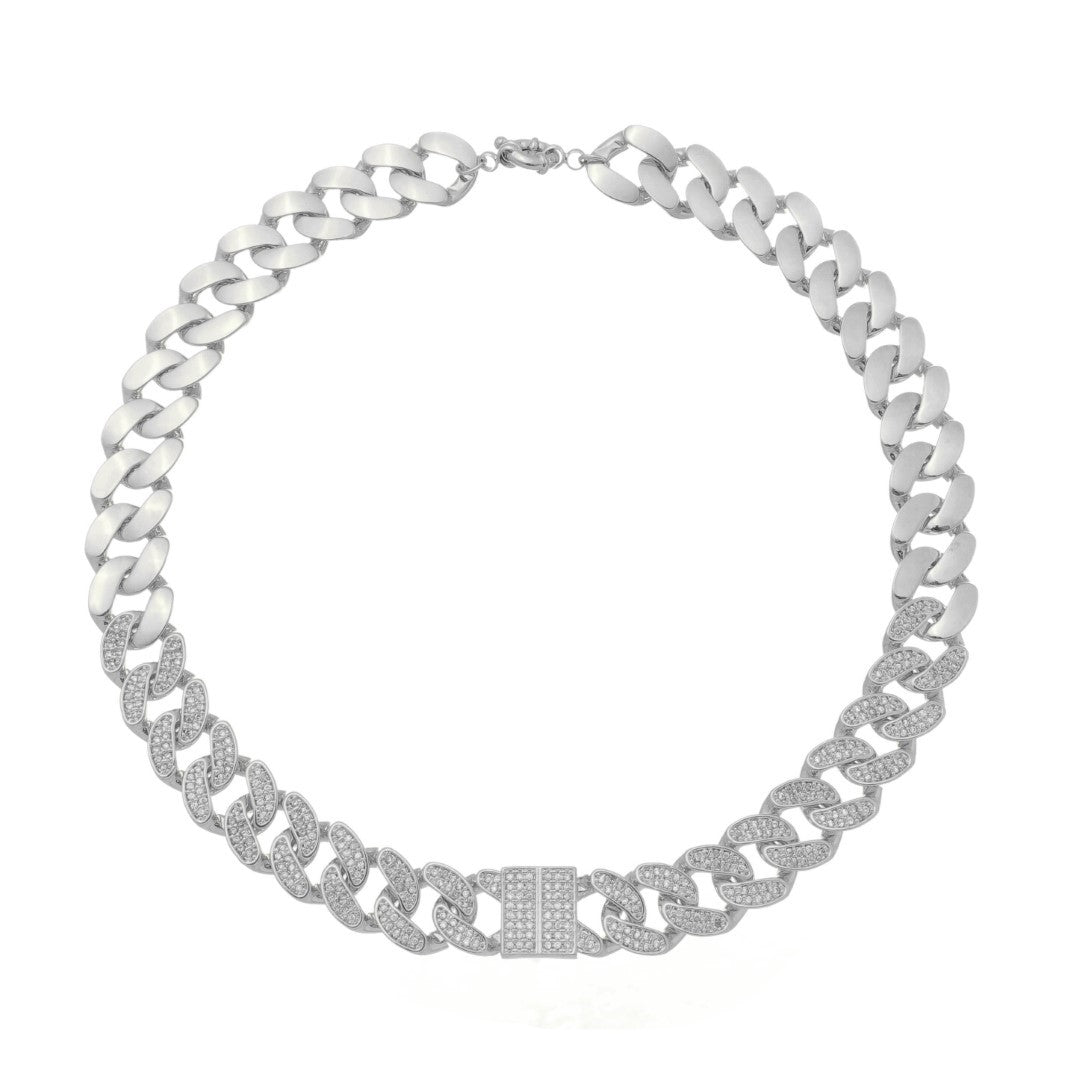 Colar Curto Aline Elos Cravejados Zircônias Folheado em Ródio Branco