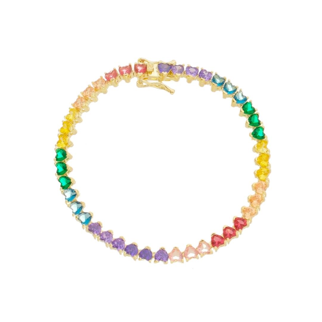 Pulseira Folheada a Ouro 18k Riviera Coração Zircônias Coloridas Beatriz